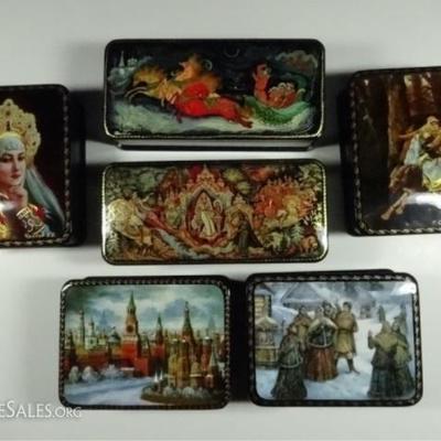LOT 71B: 6 PC RUSSIAN HAND PAINTED LACQUERED BOXES