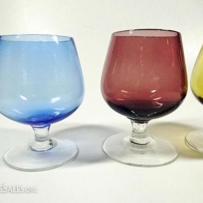 LOT 99: 6 PC HAND BLOWN BRANDY SNIFTERS, MULTI COLOR, APPROX 3"H - 3.25"H