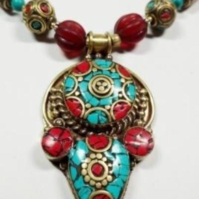 LOT 52D: TIBETAN TURQUOISE, LAPIS & RED GLASS BEAD NECKLACE