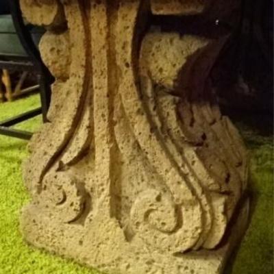 LOT 40A: 7 PC CAST STONE PATIO TABLE AND 6 METAL ARMCHAIRS