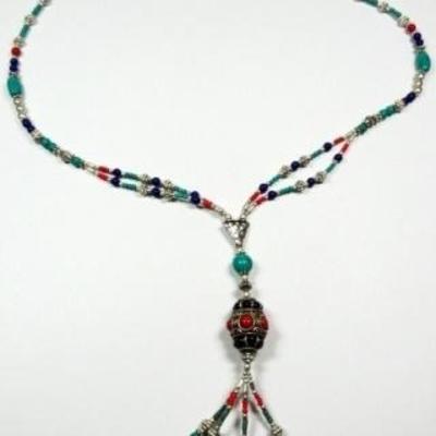 LOT 44C: TIBETAN TURQUOISE, LAPIS & CORAL NECKLACE