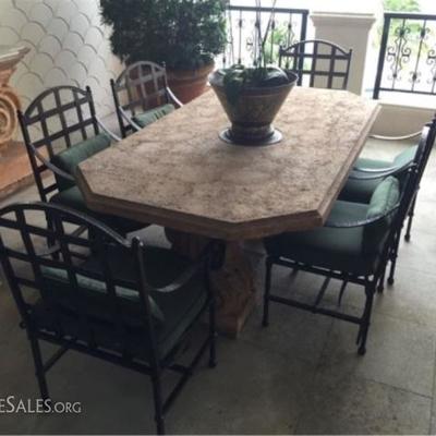 LOT 40A: 7 PC CAST STONE PATIO TABLE AND 6 METAL ARMCHAIRS
