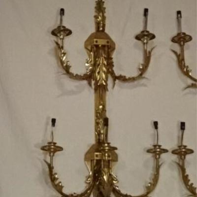 LOT 24D: PAIR LARGE BRASS WALL SCONCES, 6 LIGHTS EACH