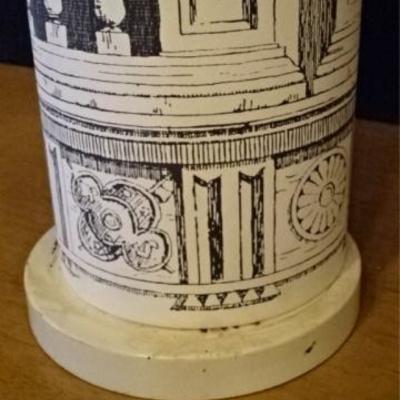 LOT 95D: TALL MID CENTURY TABLE LAMP WITH FORNASETTI WALLPAPERED COLUMN BASE
