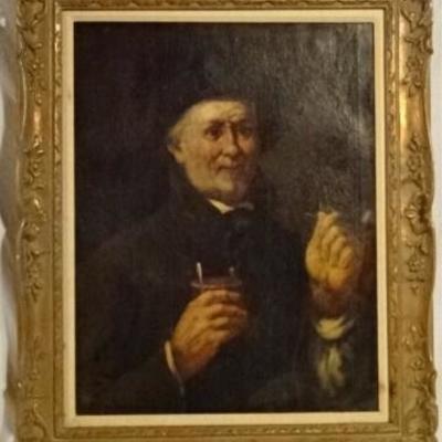 LOT 28D: ANTIQUE OIL ON BOARD PAINTING, MAN WITH PIPE