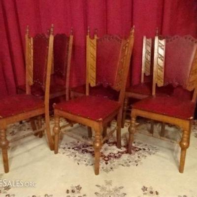 LOT 19D: 6 SPANISH COLONIAL REVIVAL CHAIRS, LEATHER UPHOLSTERY