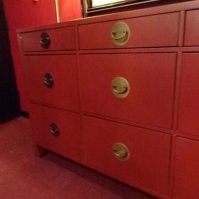 LOT 28: CINNABAR RED ASIAN INSPIRED CHEST, 9 DRAWERS