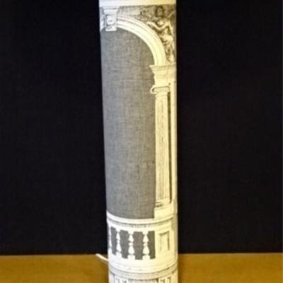 LOT 95D: TALL MID CENTURY TABLE LAMP WITH FORNASETTI WALLPAPERED COLUMN BASE