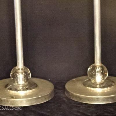 LOT 16A: PAIR MID CENTURY CHROME TORCHIERES, GLASS ORB ACCENTS, DECO STYLE