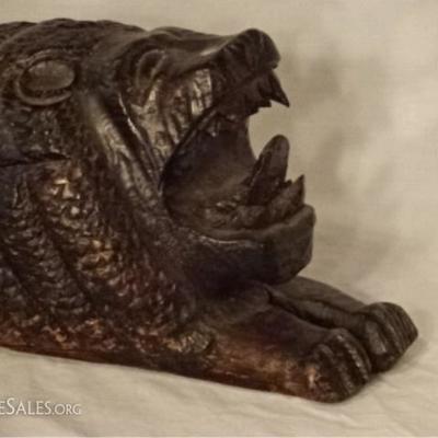 LOT 67C: AFRICAN CARVED WOOD RECLINING LION SCULPTURE