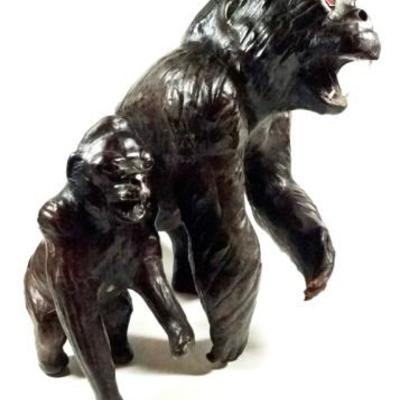 LOT 24B: 2 PC LEATHER WRAPPED GORILLA SCULPTURES