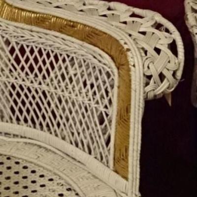 LOT 21: PAIR GILT AND WHITE WICKER PEACOCK ARMCHAIRS