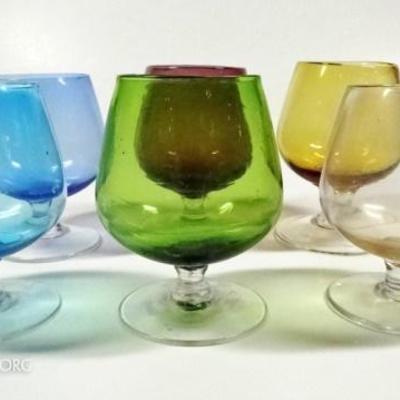 LOT 99: 6 PC HAND BLOWN BRANDY SNIFTERS, MULTI COLOR, APPROX 3"H - 3.25"H