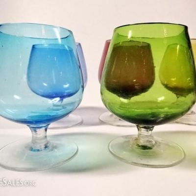 LOT 99: 6 PC HAND BLOWN BRANDY SNIFTERS, MULTI COLOR, APPROX 3"H - 3.25"H