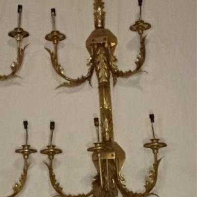 LOT 24D: PAIR LARGE BRASS WALL SCONCES, 6 LIGHTS EACH