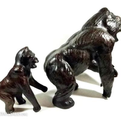 LOT 24B: 2 PC LEATHER WRAPPED GORILLA SCULPTURES