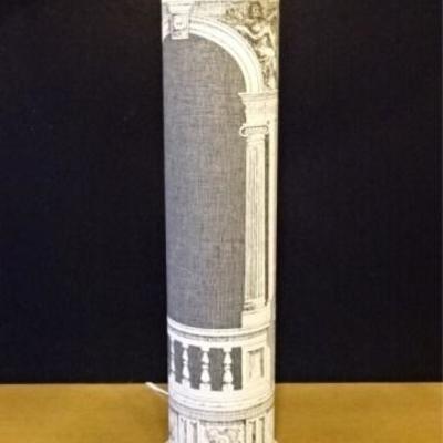 LOT 95D: TALL MID CENTURY TABLE LAMP WITH FORNASETTI WALLPAPERED COLUMN BASE