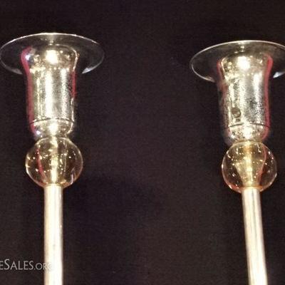 LOT 16A: PAIR MID CENTURY CHROME TORCHIERES, GLASS ORB ACCENTS, DECO STYLE