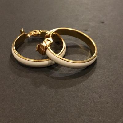 Monet vintage Gold tone, white enamel hoop clip on earrings very good condition