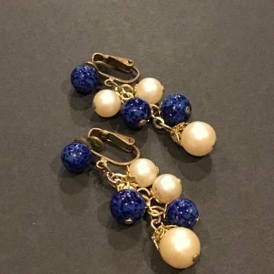 Beautiful, vintage, faux, pearl stone bead, maybe lapis clip on dangle earrings