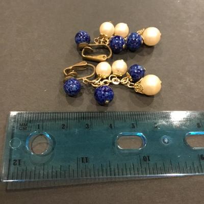 Beautiful, vintage, faux, pearl stone bead, maybe lapis clip on dangle earrings