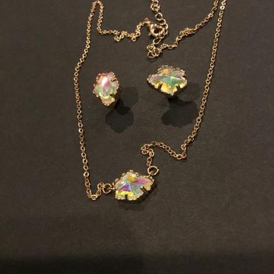 Beautiful gold tone, iridescent, rhinestone, studded earrings, and matching necklace. Very beautiful.