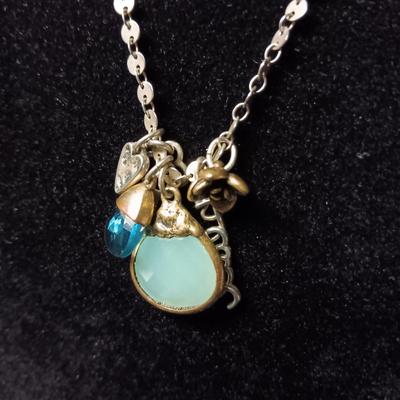 CHARM NECKLACE, GOLD TONE RING SIZE 5 AND A PAIR OF EARRINGS