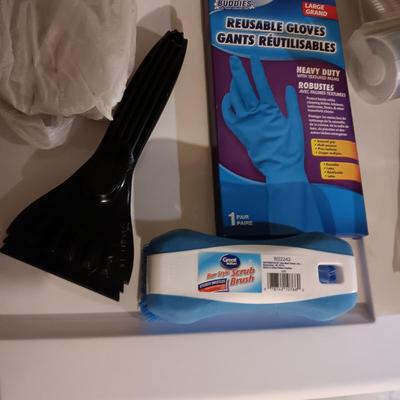 NEW RUBBER GLOVES AND OTHER CLEANING ITEMS