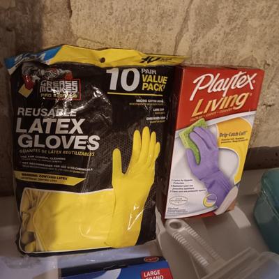 NEW RUBBER GLOVES AND OTHER CLEANING ITEMS