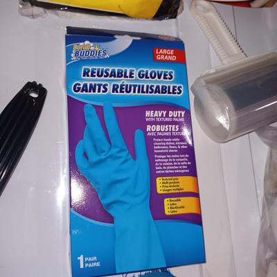 NEW RUBBER GLOVES AND OTHER CLEANING ITEMS