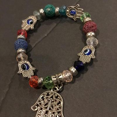 Silver tone multi colored glass bead charm bracelet