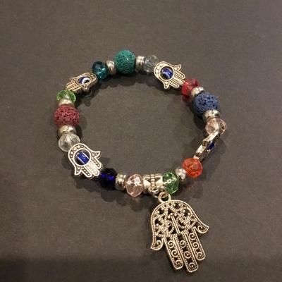 Silver tone multi colored glass bead charm bracelet