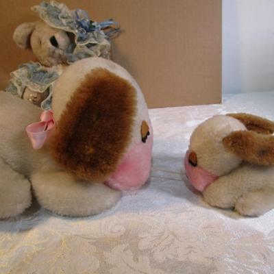 Stuffed musical dog with puppy, dressed stuffed bear
