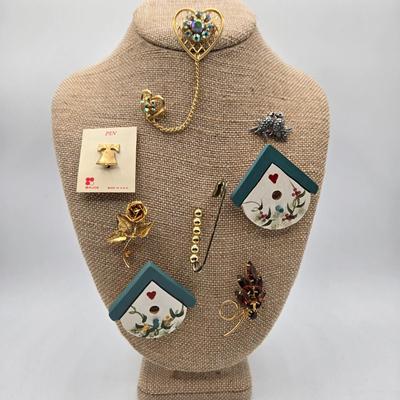 LOT 43: Vintage Double Heart AB Rhinestone Gold Tone Sweater Pin, Rose Brooch, Love Birds on Branch Pin with Blue Rhinestone Eyes, and More
