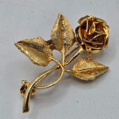LOT 43: Vintage Double Heart AB Rhinestone Gold Tone Sweater Pin, Rose Brooch, Love Birds on Branch Pin with Blue Rhinestone Eyes, and More