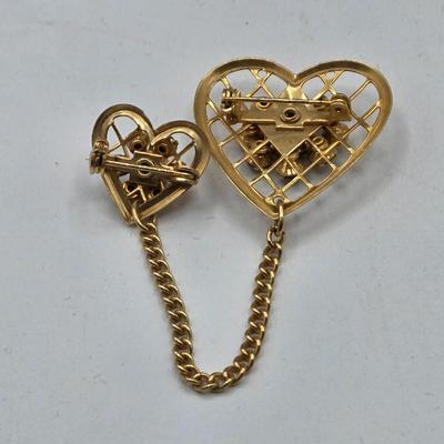 LOT 43: Vintage Double Heart AB Rhinestone Gold Tone Sweater Pin, Rose Brooch, Love Birds on Branch Pin with Blue Rhinestone Eyes, and More