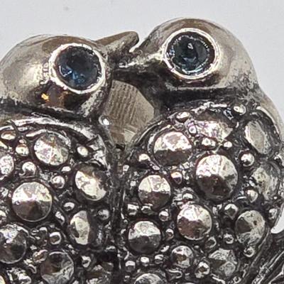 LOT 43: Vintage Double Heart AB Rhinestone Gold Tone Sweater Pin, Rose Brooch, Love Birds on Branch Pin with Blue Rhinestone Eyes, and More