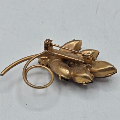 LOT 43: Vintage Double Heart AB Rhinestone Gold Tone Sweater Pin, Rose Brooch, Love Birds on Branch Pin with Blue Rhinestone Eyes, and More