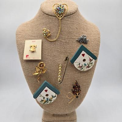 LOT 43: Vintage Double Heart AB Rhinestone Gold Tone Sweater Pin, Rose Brooch, Love Birds on Branch Pin with Blue Rhinestone Eyes, and More