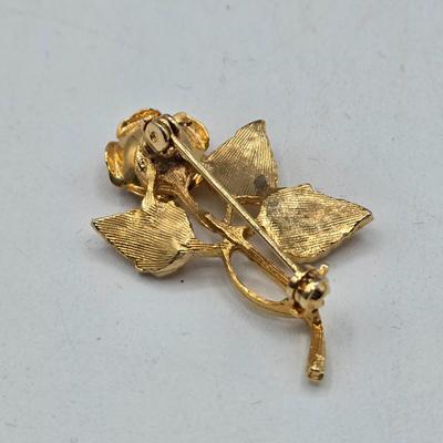 LOT 43: Vintage Double Heart AB Rhinestone Gold Tone Sweater Pin, Rose Brooch, Love Birds on Branch Pin with Blue Rhinestone Eyes, and More
