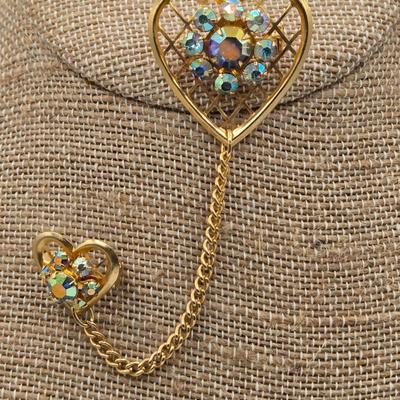 LOT 43: Vintage Double Heart AB Rhinestone Gold Tone Sweater Pin, Rose Brooch, Love Birds on Branch Pin with Blue Rhinestone Eyes, and More