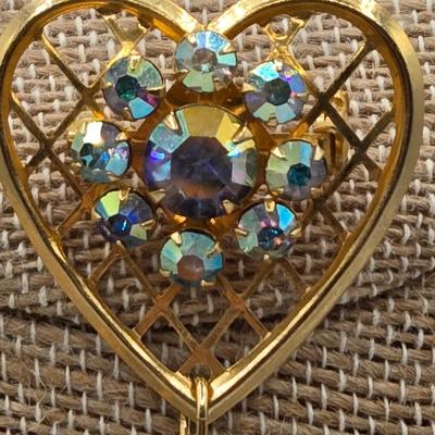 LOT 43: Vintage Double Heart AB Rhinestone Gold Tone Sweater Pin, Rose Brooch, Love Birds on Branch Pin with Blue Rhinestone Eyes, and More