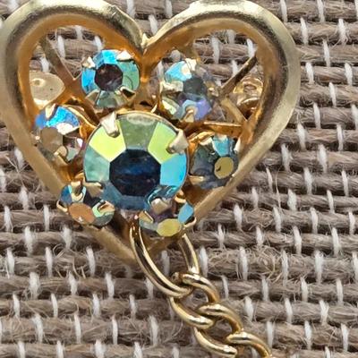 LOT 43: Vintage Double Heart AB Rhinestone Gold Tone Sweater Pin, Rose Brooch, Love Birds on Branch Pin with Blue Rhinestone Eyes, and More