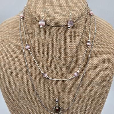 LOT 46: 16 inch Sterling Silver Necklace with Matching Earrings, 20 inch Chain with Pendant, and 18 inch Chain/ 14.9 total