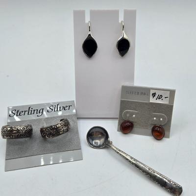LOT 54: 3 Pairs of Sterling Silver Earrings/14.1 gtw and Sterling Silver Spoon Pin/5.7 gtw,
