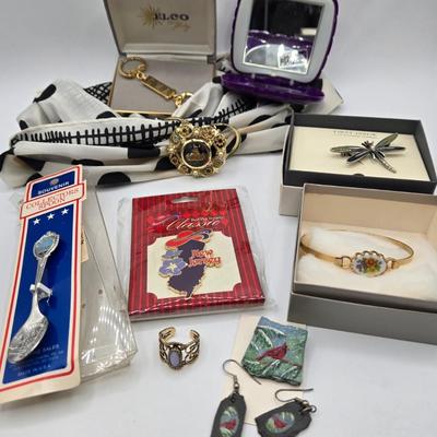 LOT 63: Dragonfly Pin, Hand-Painted Cardinal Pin with Matching Earrings, Gold-tone Avon Bracelet, and More