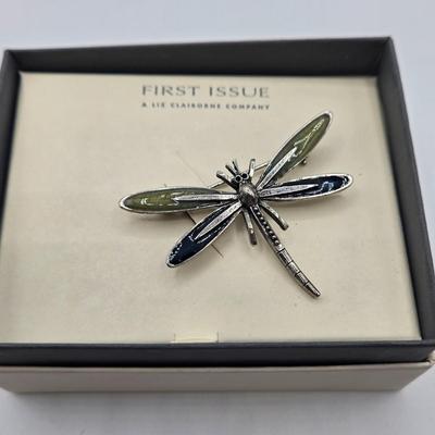 LOT 63: Dragonfly Pin, Hand-Painted Cardinal Pin with Matching Earrings, Gold-tone Avon Bracelet, and More