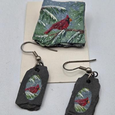 LOT 63: Dragonfly Pin, Hand-Painted Cardinal Pin with Matching Earrings, Gold-tone Avon Bracelet, and More