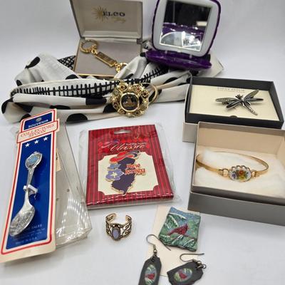 LOT 63: Dragonfly Pin, Hand-Painted Cardinal Pin with Matching Earrings, Gold-tone Avon Bracelet, and More