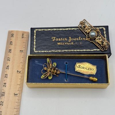 LOT 70: Gold Vermeil Sterling Silver Brooch & Topazio Sterling Bee Stick Pin (6.7g)